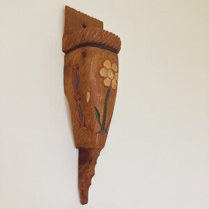 Wood Carved Flower Hanging Wall Pocket Vintage 70s Boho Wooden Carving